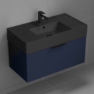 Bathroom Vanity Floating Bathroom Vanity, Modern, Navy Blue, Black Ceramic Sink, 32 Inch Nameeks DERIN655
